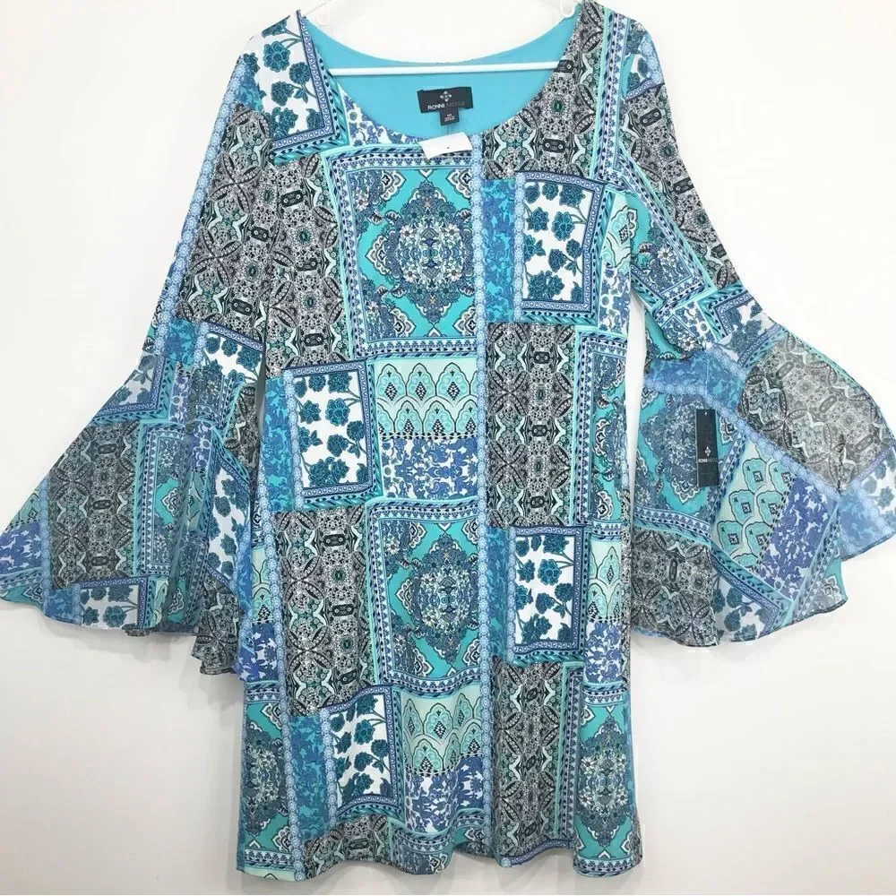 Ronni Nicole Blue Patchwork Floral Tapestry Print Bell Sleeve Sheath Dress